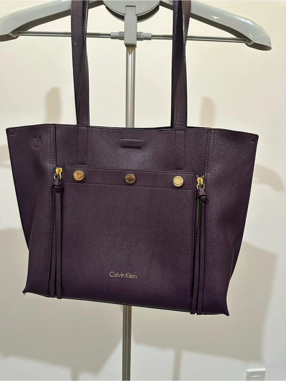 Calvin Klein Deep Purple Leather Tote with Gold Accents - Picture 1 of 15
